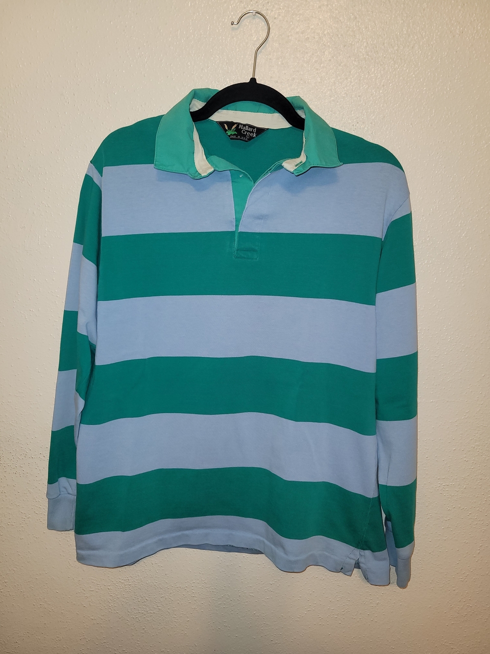 Mallard Creek Vintage Mens Striped Rugby Polo in Teal and Light Blue Large